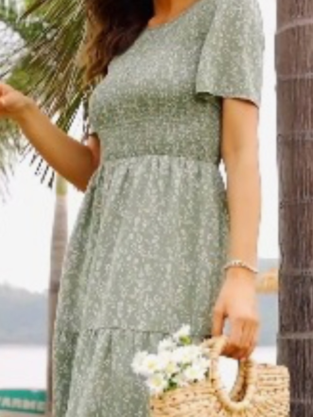 Women’s Ellakoko Smocked Waist Short Sleeve Floral Midi Dress - Green - Picture 8 of 11